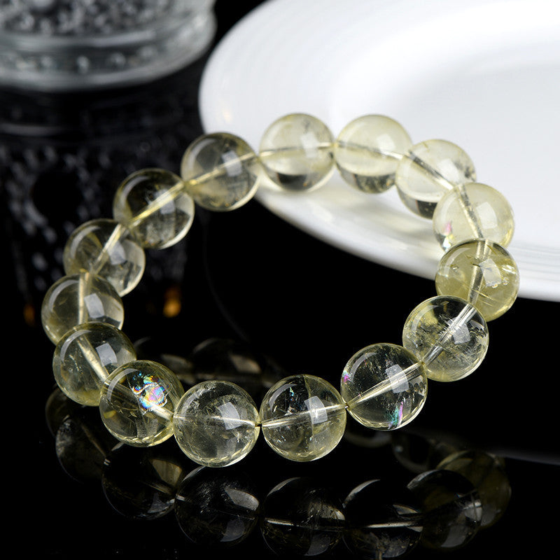 Natural Lemon-Yellow "Rainbow" Azez Round-Bead Bracelet — Icy, Translucent Pale Yellow Crystal Strand