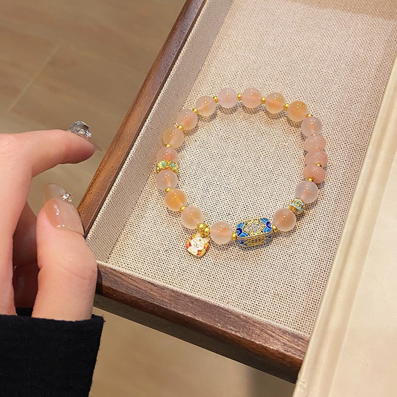 Handmade Enchanting Agate Bracelet – Fairy Style, Lucky Cat & Butterfly Charm, Sweet Boho Gift for Women