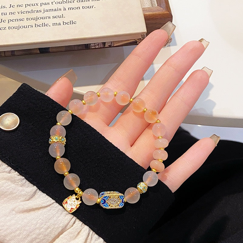Handmade Enchanting Agate Bracelet – Fairy Style, Lucky Cat & Butterfly Charm, Sweet Boho Gift for Women