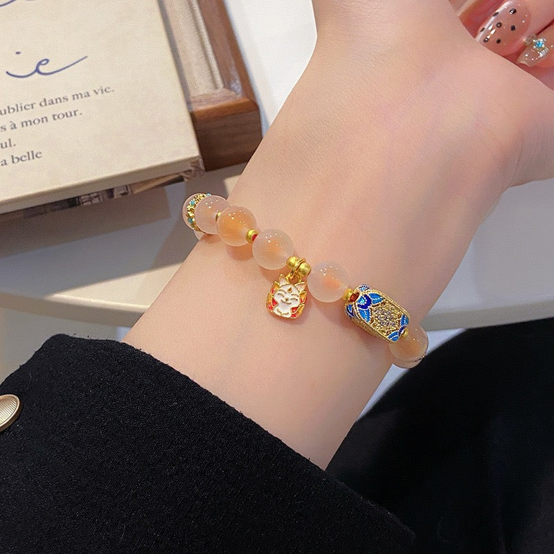 Handmade Enchanting Agate Bracelet – Fairy Style, Lucky Cat & Butterfly Charm, Sweet Boho Gift for Women