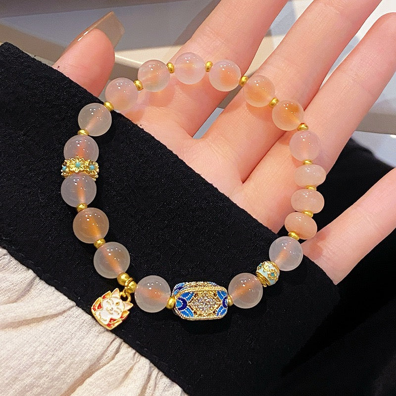 Handmade Enchanting Agate Bracelet – Fairy Style, Lucky Cat & Butterfly Charm, Sweet Boho Gift for Women