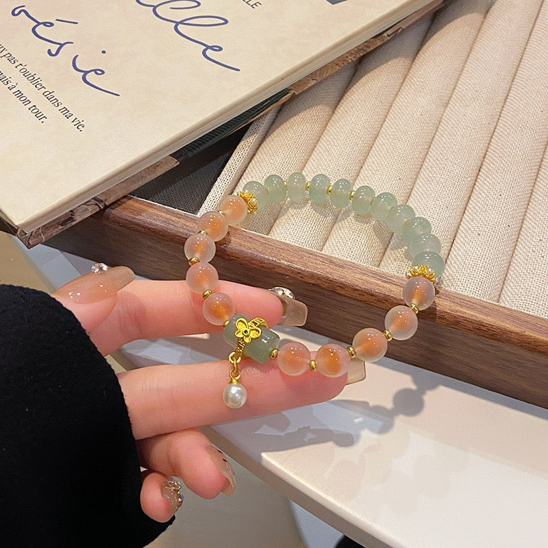 Handmade Enchanting Agate Bracelet – Fairy Style, Lucky Cat & Butterfly Charm, Sweet Boho Gift for Women
