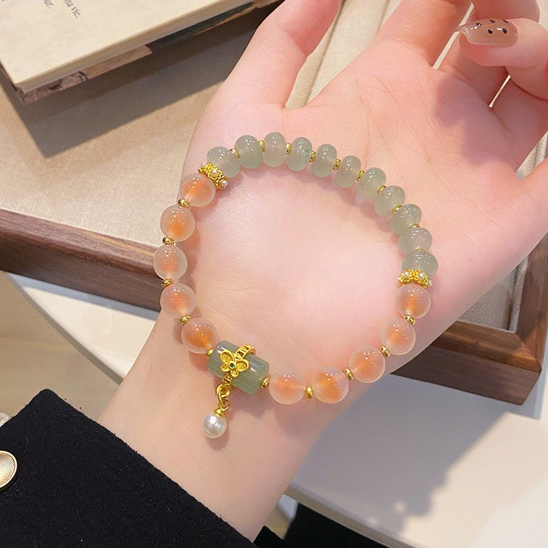 Handmade Enchanting Agate Bracelet – Fairy Style, Lucky Cat & Butterfly Charm, Sweet Boho Gift for Women