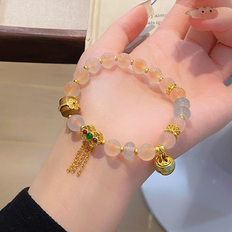Handmade Enchanting Agate Bracelet – Fairy Style, Lucky Cat & Butterfly Charm, Sweet Boho Gift for Women