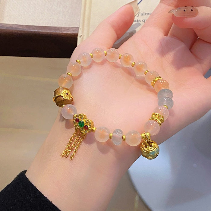Handmade Enchanting Agate Bracelet – Fairy Style, Lucky Cat & Butterfly Charm, Sweet Boho Gift for Women