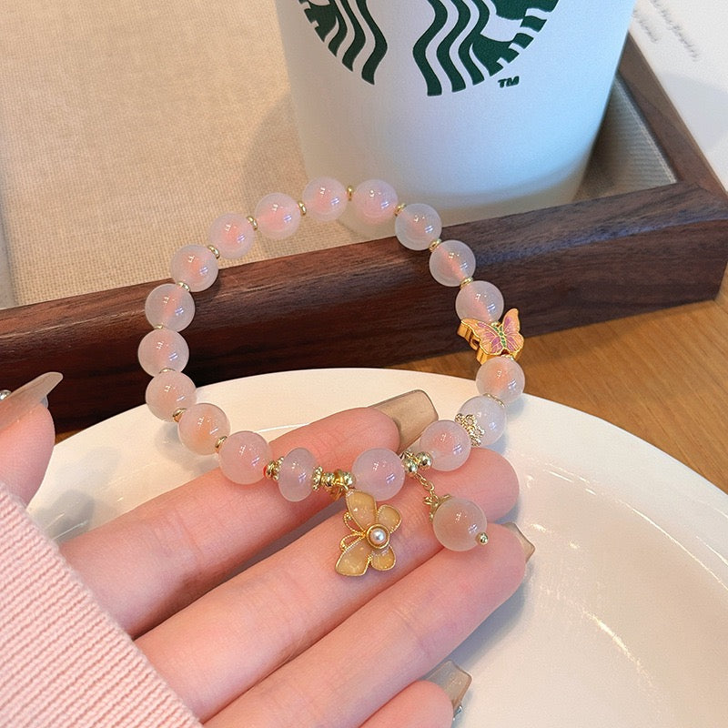 Handmade Enchanting Agate Bracelet – Fairy Style, Lucky Cat & Butterfly Charm, Sweet Boho Gift for Women