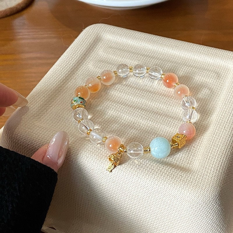 Handmade Enchanting Agate Bracelet – Fairy Style, Lucky Cat & Butterfly Charm, Sweet Boho Gift for Women