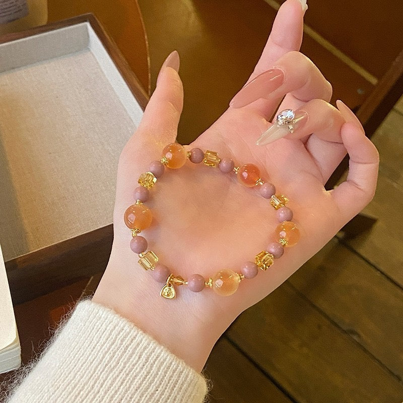 Handmade Enchanting Agate Bracelet – Fairy Style, Lucky Cat & Butterfly Charm, Sweet Boho Gift for Women