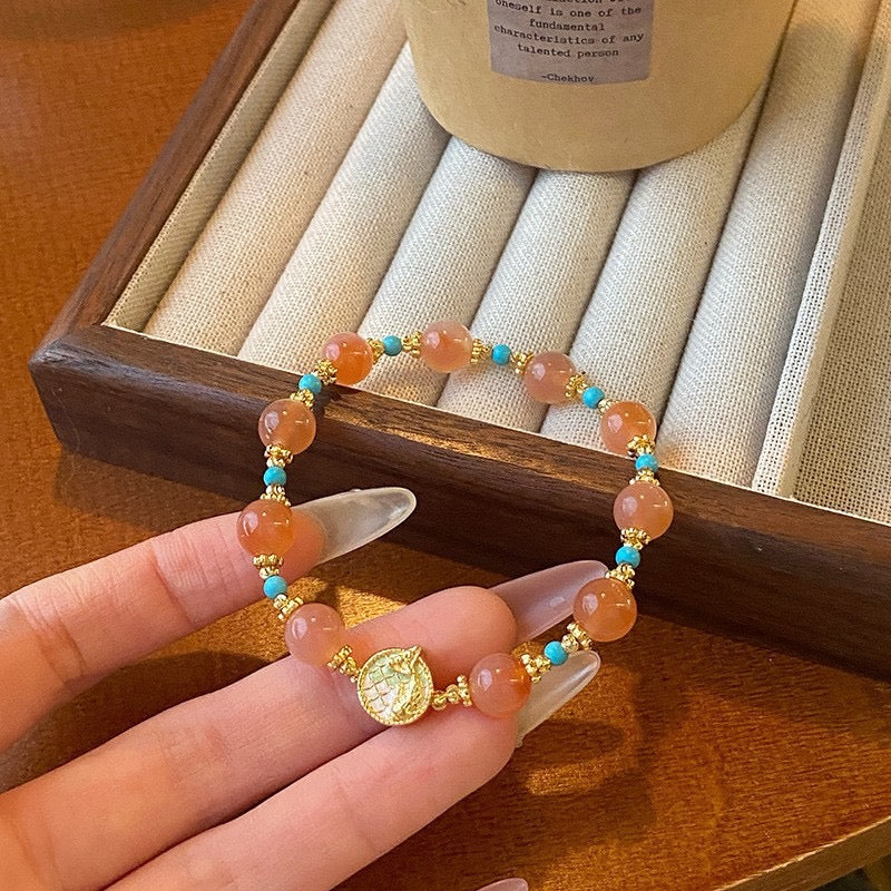 Handmade Enchanting Agate Bracelet – Fairy Style, Lucky Cat & Butterfly Charm, Sweet Boho Gift for Women