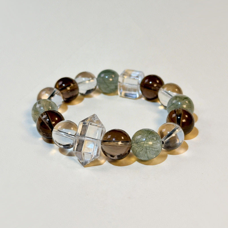 Natural crystal bracelet green rutilated quartz smoky quartz white crystal simple design elegant and versatile attracting wealth and good fortune