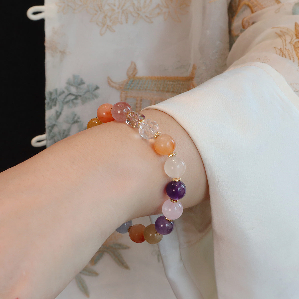 Natural crystal bracelet with multi-gemstone colorful beads high-end feel gold and jade versatile simple and stylish bracelet.