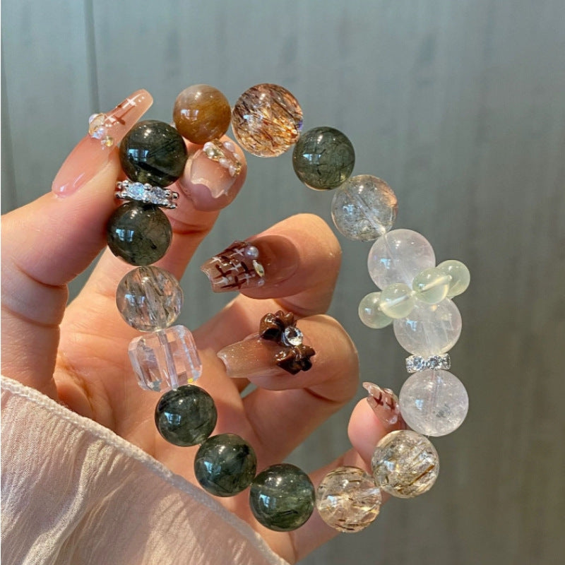 Natural green rutilated quartz black gold super white phantom quartz white crystal sugar cube bracelet grape stone for attracting wealth and good fortune