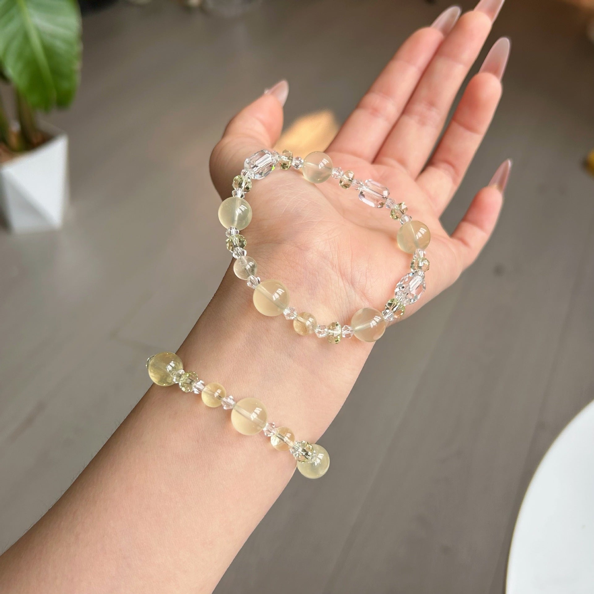 Natural citrine amethyst sugar cube bracelet paired with Swarovski rhinestone bracelet