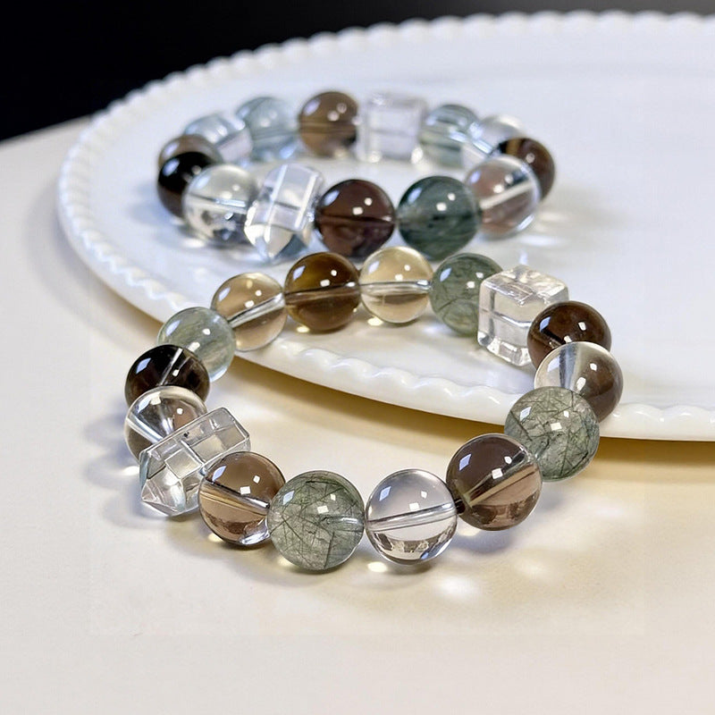 Natural crystal bracelet green rutilated quartz smoky quartz white crystal simple design elegant and versatile attracting wealth and good fortune