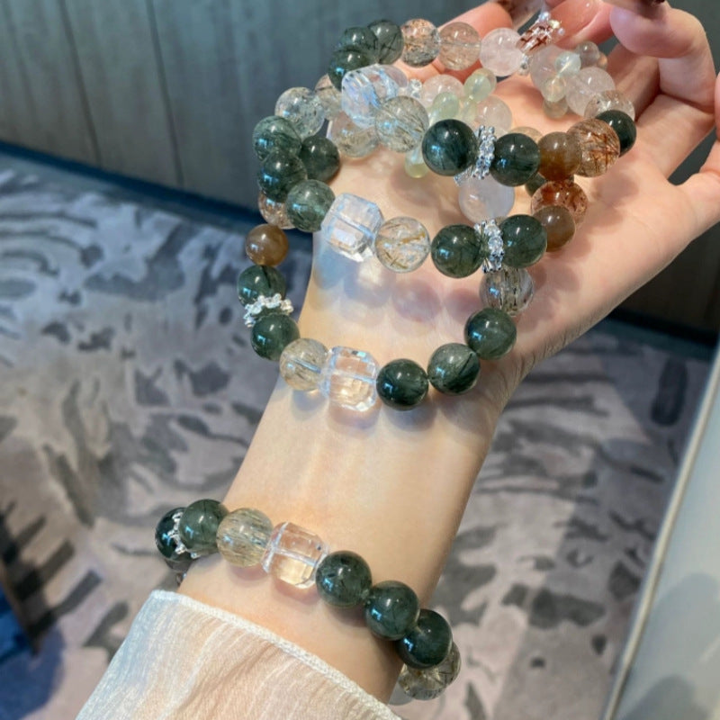Natural green rutilated quartz black gold super white phantom quartz white crystal sugar cube bracelet grape stone for attracting wealth and good fortune