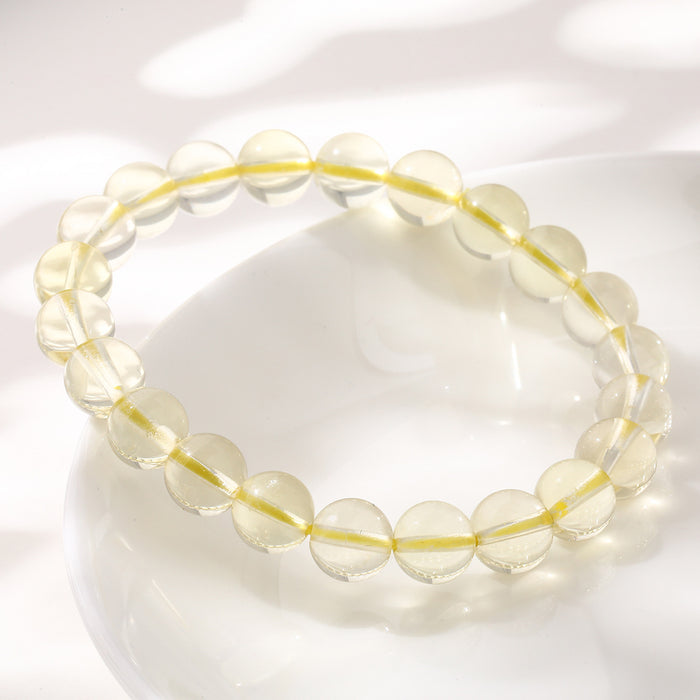Natural Lemon-Yellow "Rainbow" Azez Round-Bead Bracelet — Icy, Translucent Pale Yellow Crystal Strand