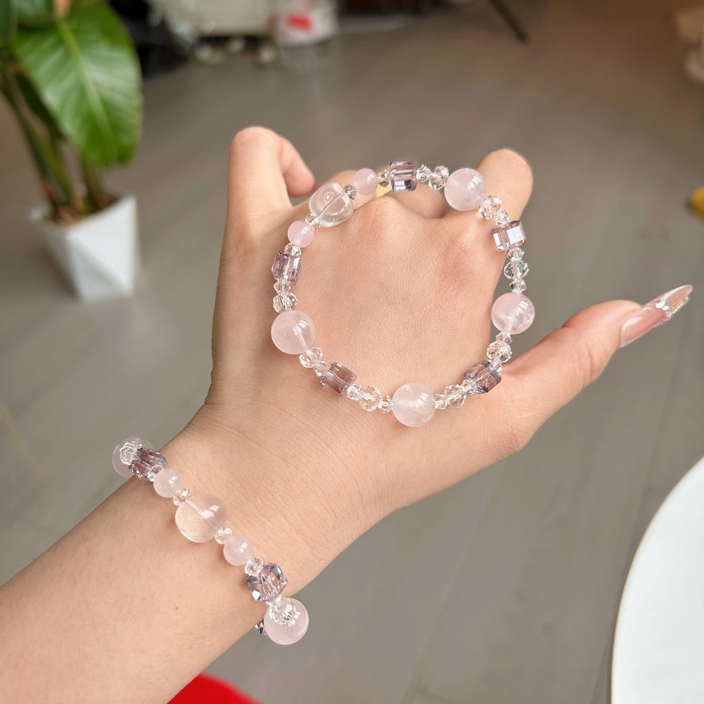 Natural citrine amethyst sugar cube bracelet paired with Swarovski rhinestone bracelet