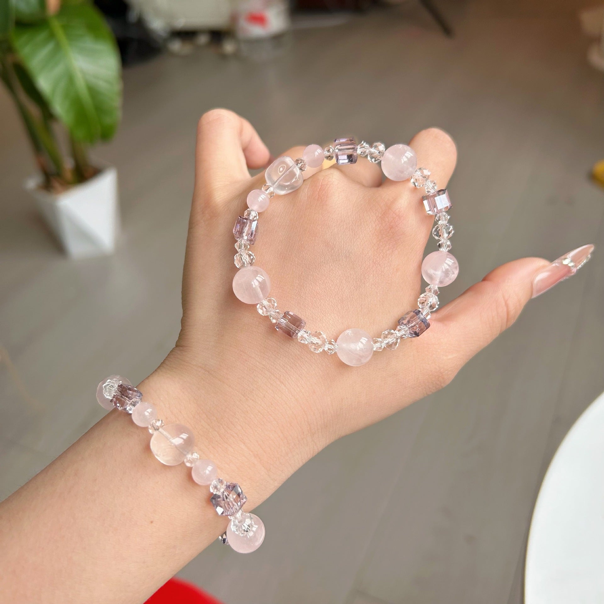 Natural citrine amethyst sugar cube bracelet paired with Swarovski rhinestone bracelet