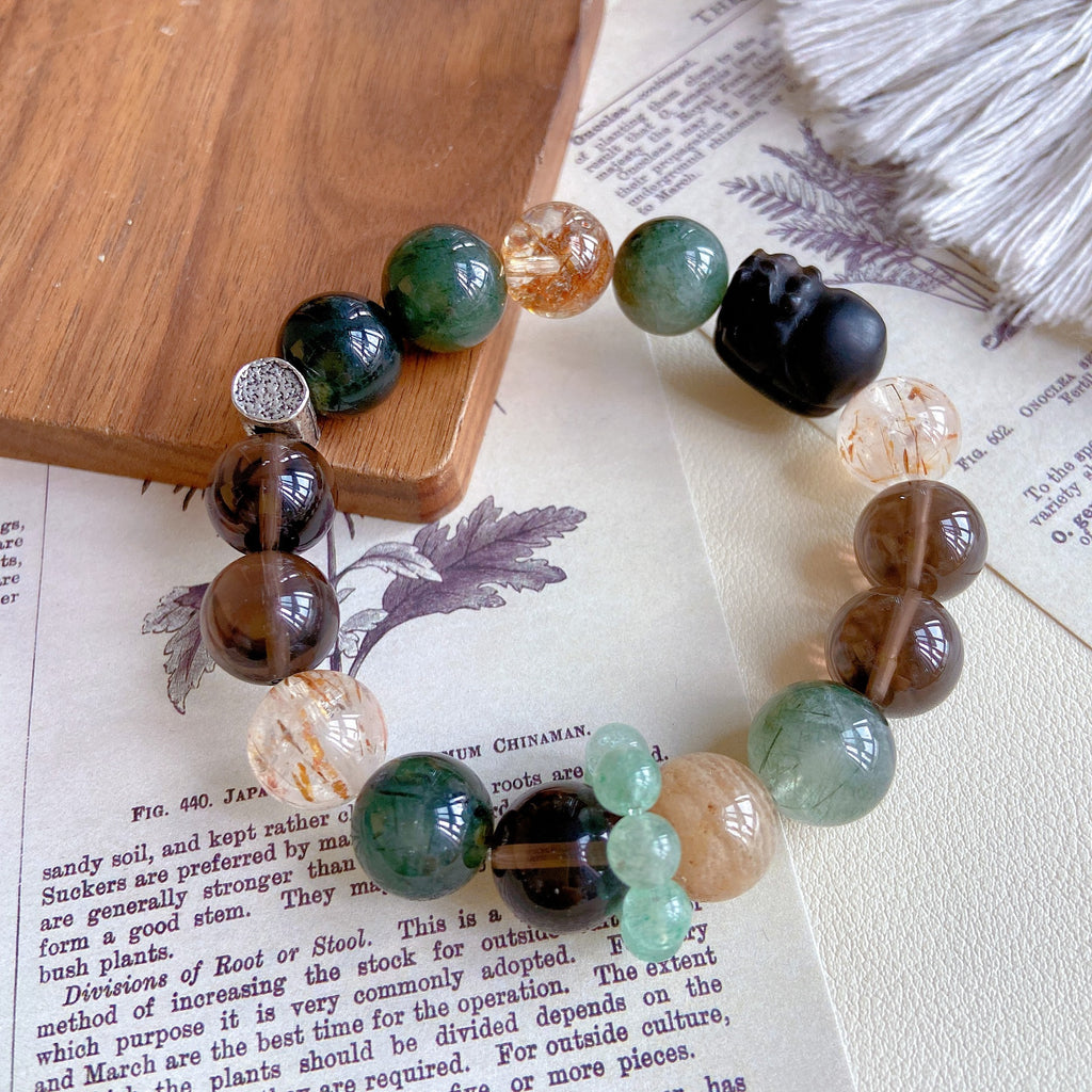 Natural Obsidian Pixiu Green Rutilated Quartz Black Gold Super Seven Gold Foil Glue Flower Crystal Bracelet