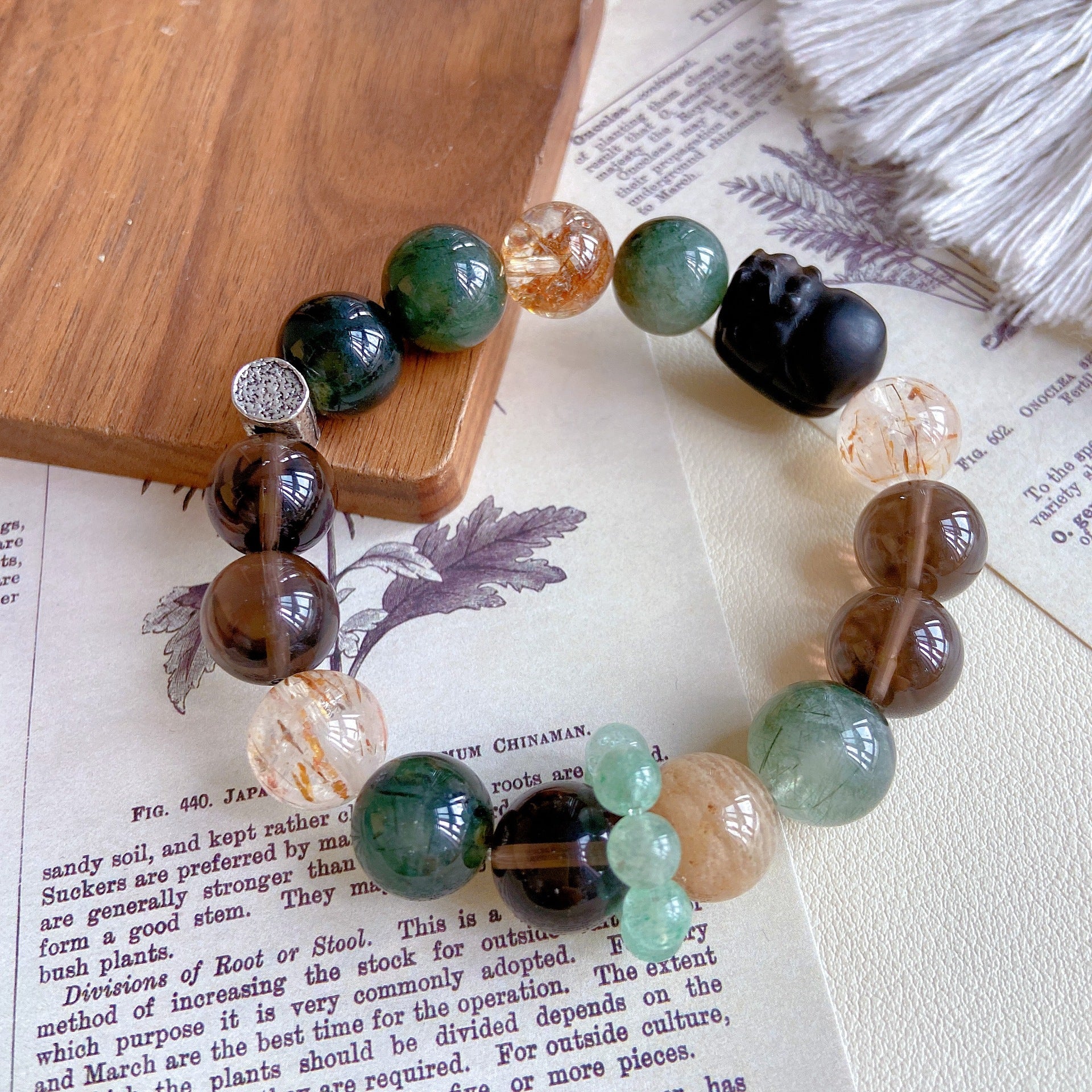 Natural Obsidian Pixiu Green Rutilated Quartz Black Gold Super Seven Gold Foil Glue Flower Crystal Bracelet