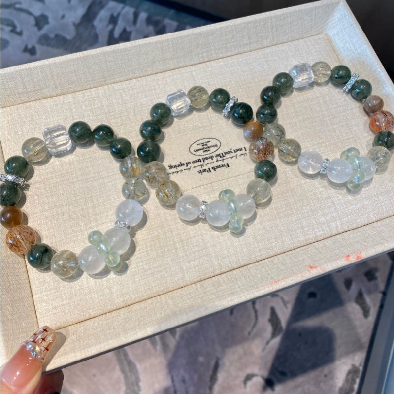 Natural green rutilated quartz black gold super white phantom quartz white crystal sugar cube bracelet grape stone for attracting wealth and good fortune