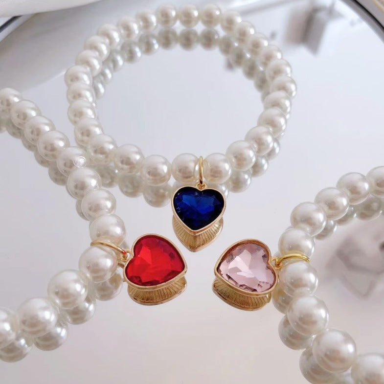 New Korean style heart-shaped gemstone pendant choker cat retro crystal necklace popular pet pearl necklace
