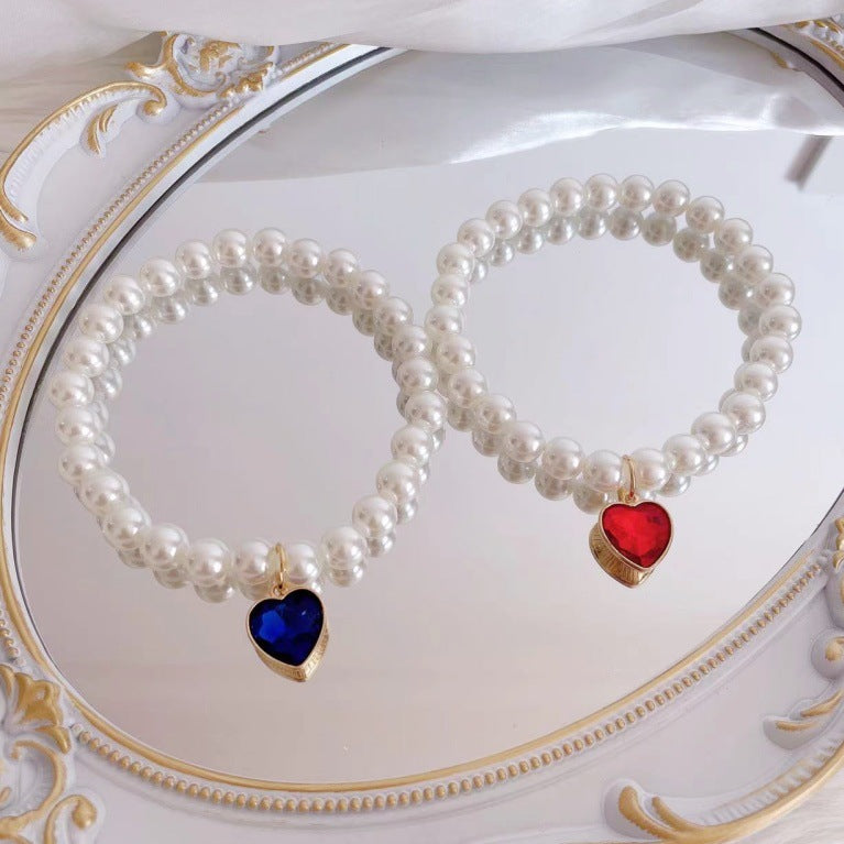 New Korean style heart-shaped gemstone pendant choker cat retro crystal necklace popular pet pearl necklace