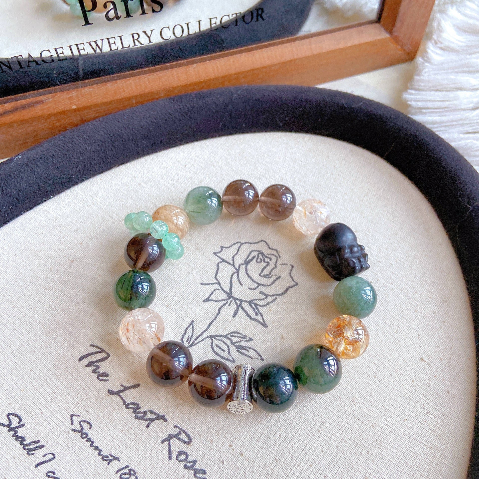 Natural Obsidian Pixiu Green Rutilated Quartz Black Gold Super Seven Gold Foil Glue Flower Crystal Bracelet