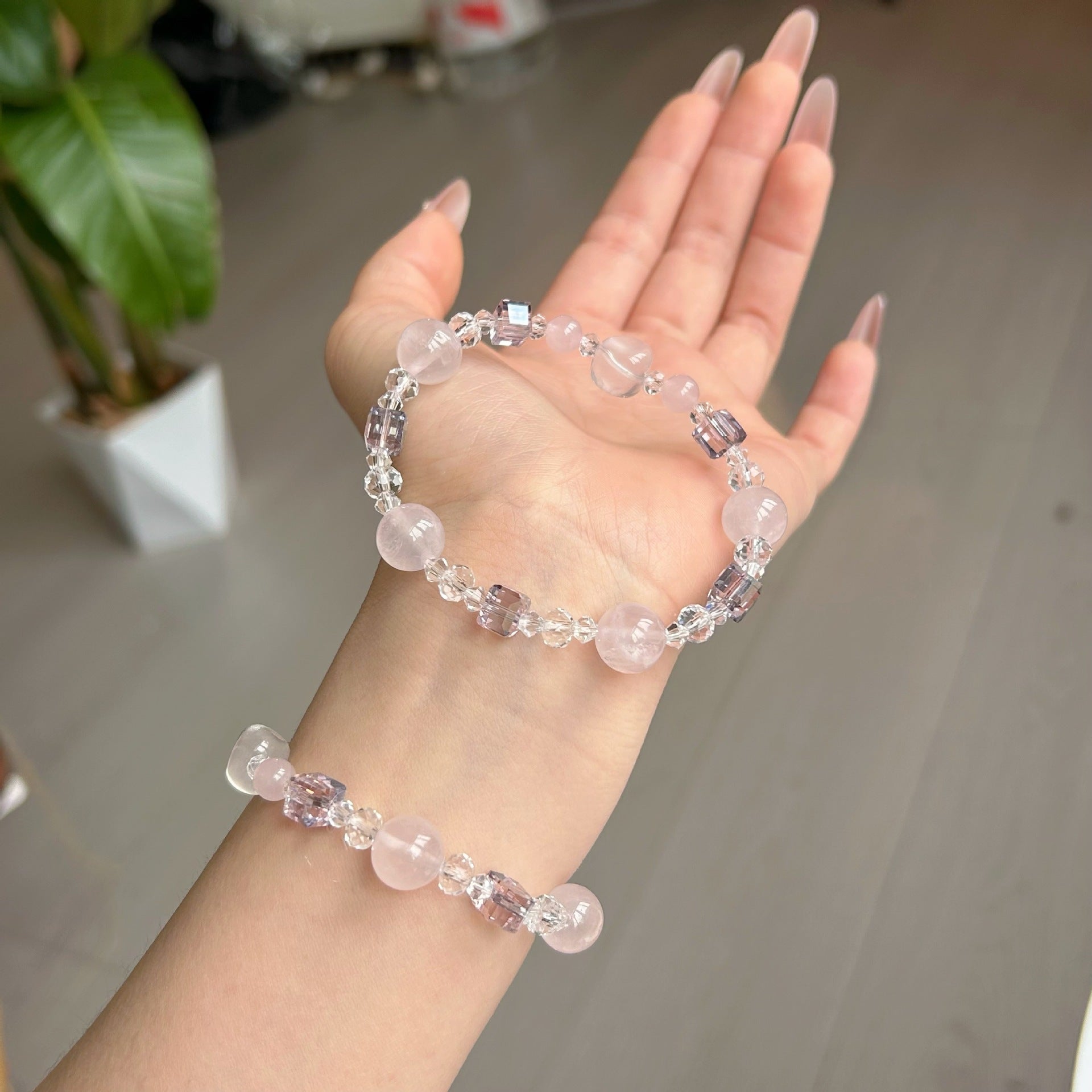 Natural citrine amethyst sugar cube bracelet paired with Swarovski rhinestone bracelet