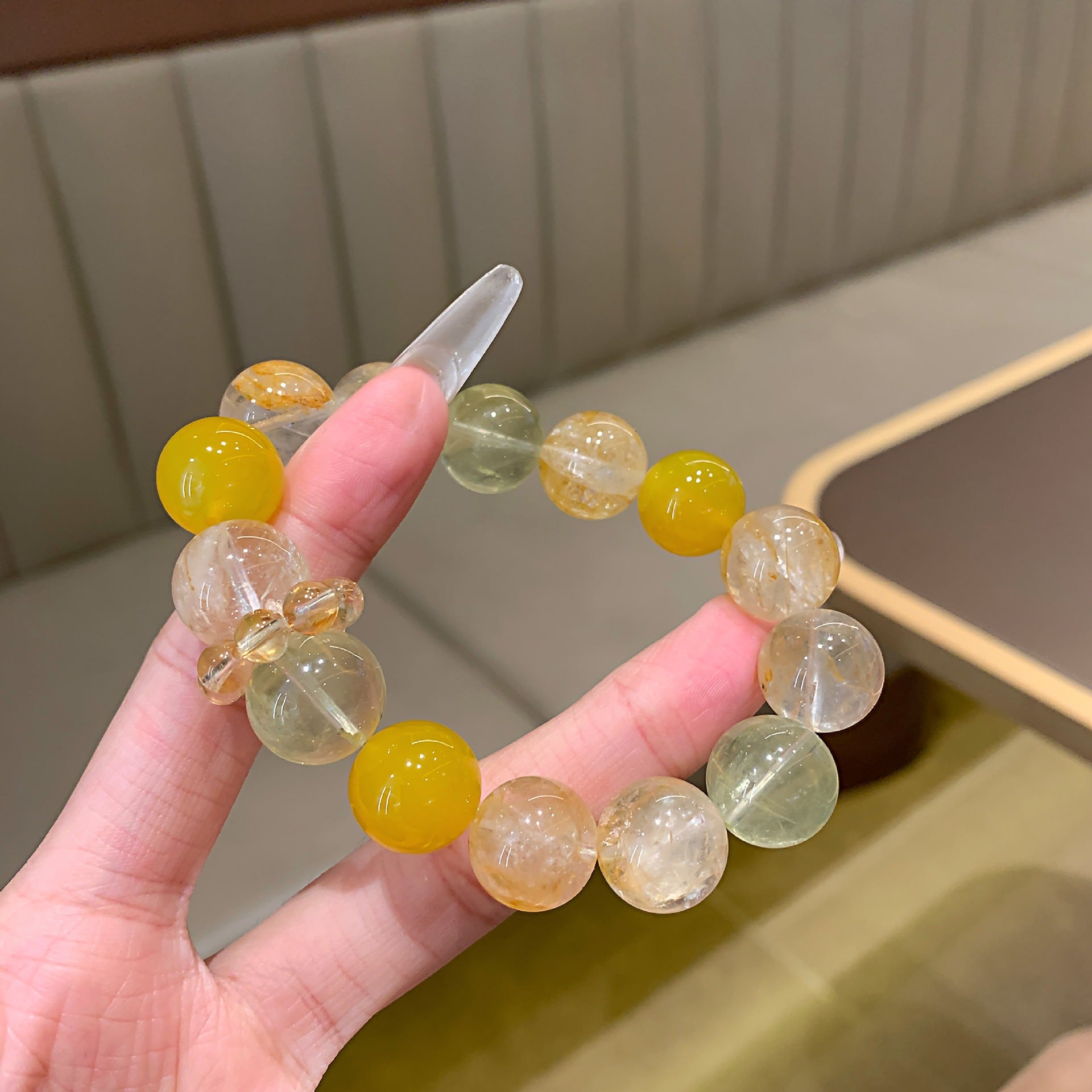 Natural crystal bracelet lemon quartz white crystal yellow resin freeform golden rutilated quartz running ring light luxury bracelet