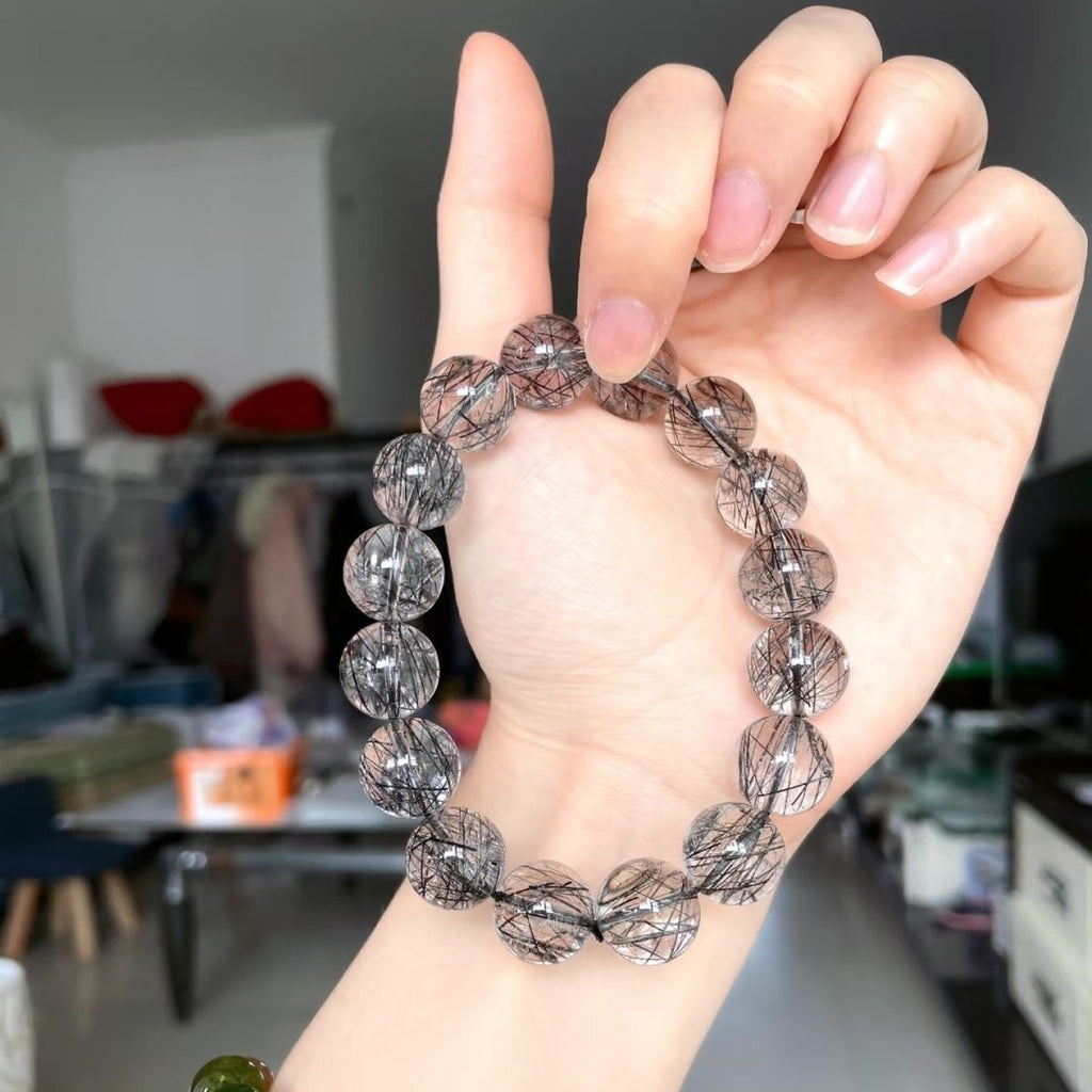 Grade 8A Natural Black Rutilated Quartz Bracelet — Brazilian Crystal Gemstone for Men & Women | Attracts Good Luck & Wealth | A Bold Trendy Accessory