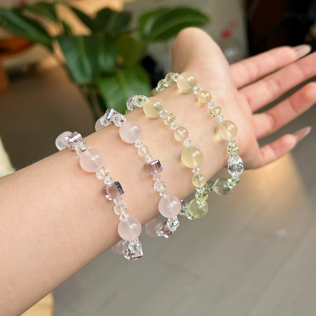Natural citrine amethyst sugar cube bracelet paired with Swarovski rhinestone bracelet