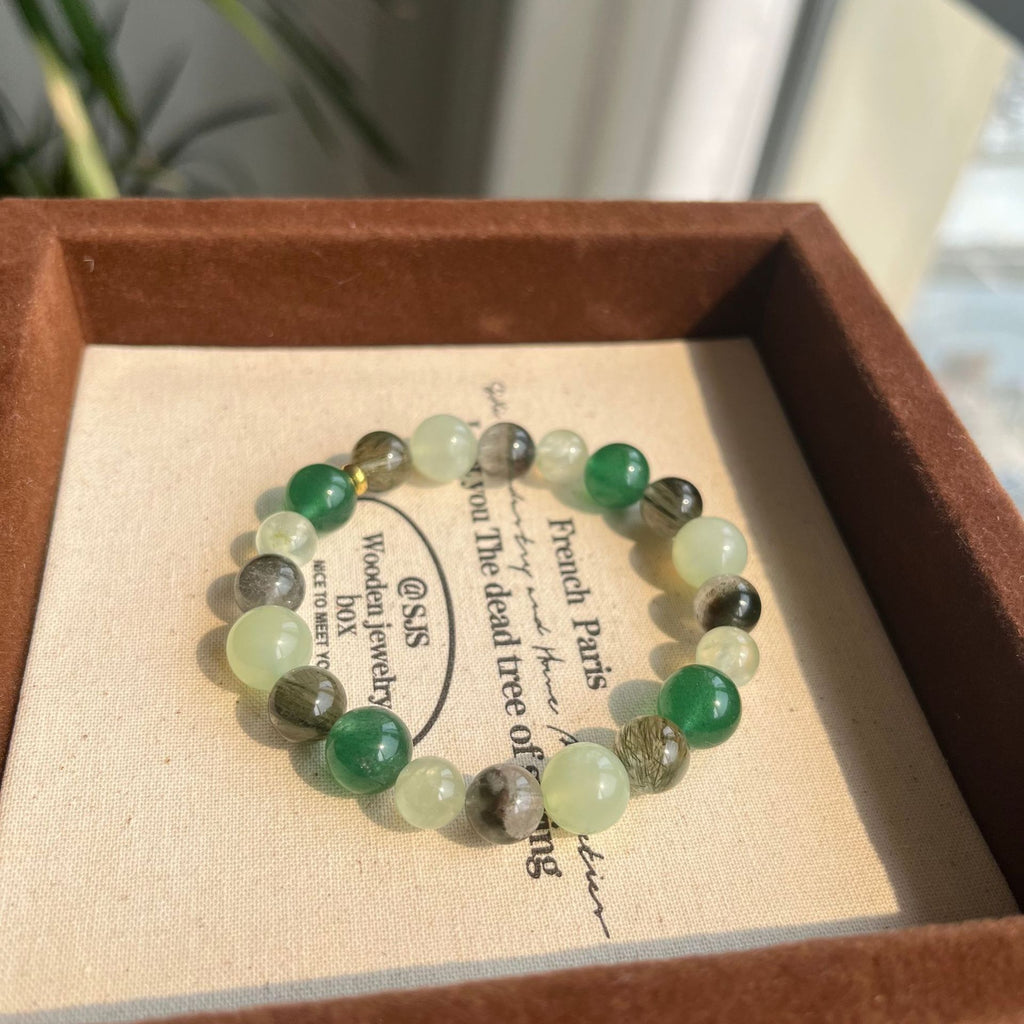 [Wanmuchun] Natural Green Phantom Quartz Green Rutilated Quartz and Prehnite—Forest-Style Beaded Bracelet | Featuring Xiuyan Jade and Green Strawberry Quartz—Versatile & Stylish
