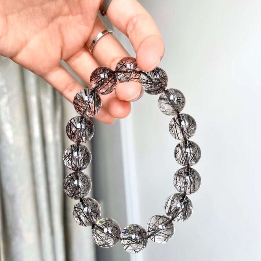 Grade 8A Natural Black Rutilated Quartz Bracelet — Brazilian Crystal Gemstone for Men & Women | Attracts Good Luck & Wealth | A Bold Trendy Accessory