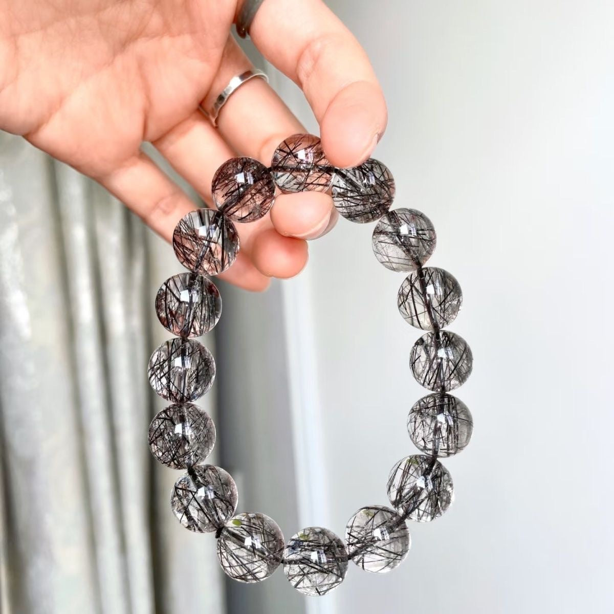 Grade 8A Natural Black Rutilated Quartz Bracelet — Brazilian Crystal Gemstone for Men & Women | Attracts Good Luck & Wealth | A Bold Trendy Accessory