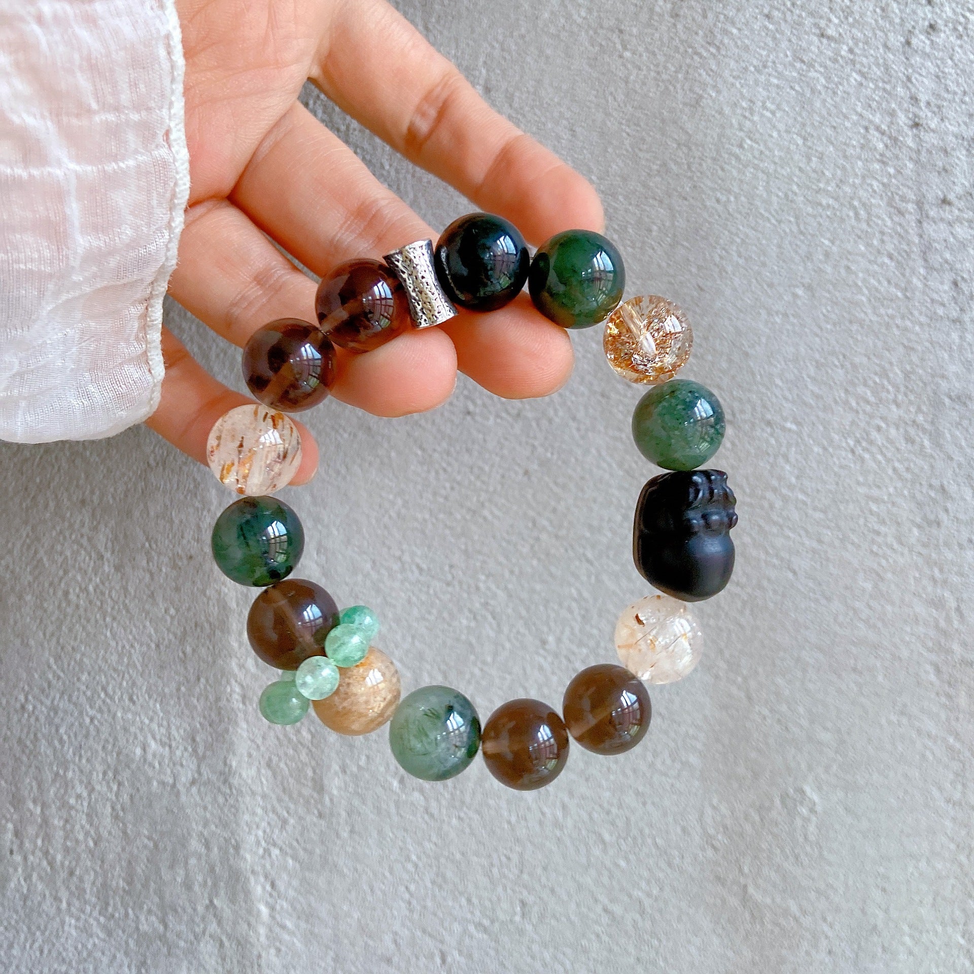 Natural Obsidian Pixiu Green Rutilated Quartz Black Gold Super Seven Gold Foil Glue Flower Crystal Bracelet