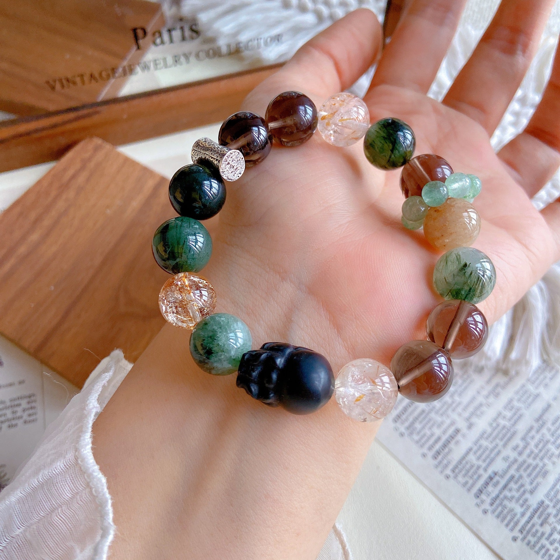 Natural Obsidian Pixiu Green Rutilated Quartz Black Gold Super Seven Gold Foil Glue Flower Crystal Bracelet