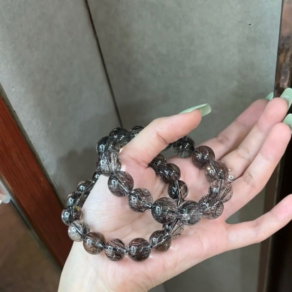 Grade 8A Natural Black Rutilated Quartz Bracelet — Brazilian Crystal Gemstone for Men & Women | Attracts Good Luck & Wealth | A Bold Trendy Accessory