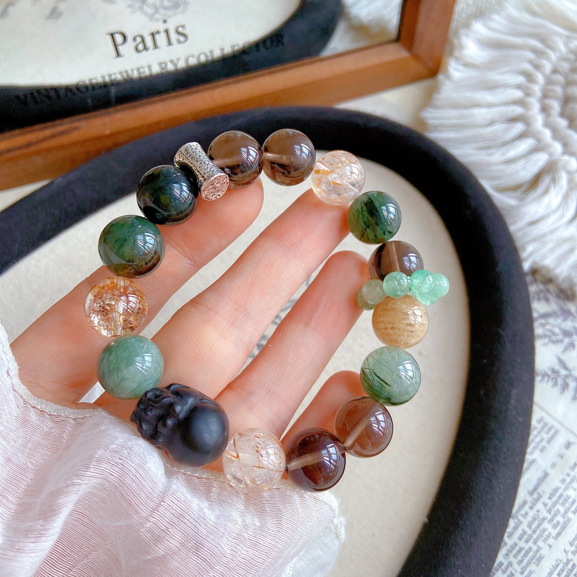 Natural Obsidian Pixiu Green Rutilated Quartz Black Gold Super Seven Gold Foil Glue Flower Crystal Bracelet