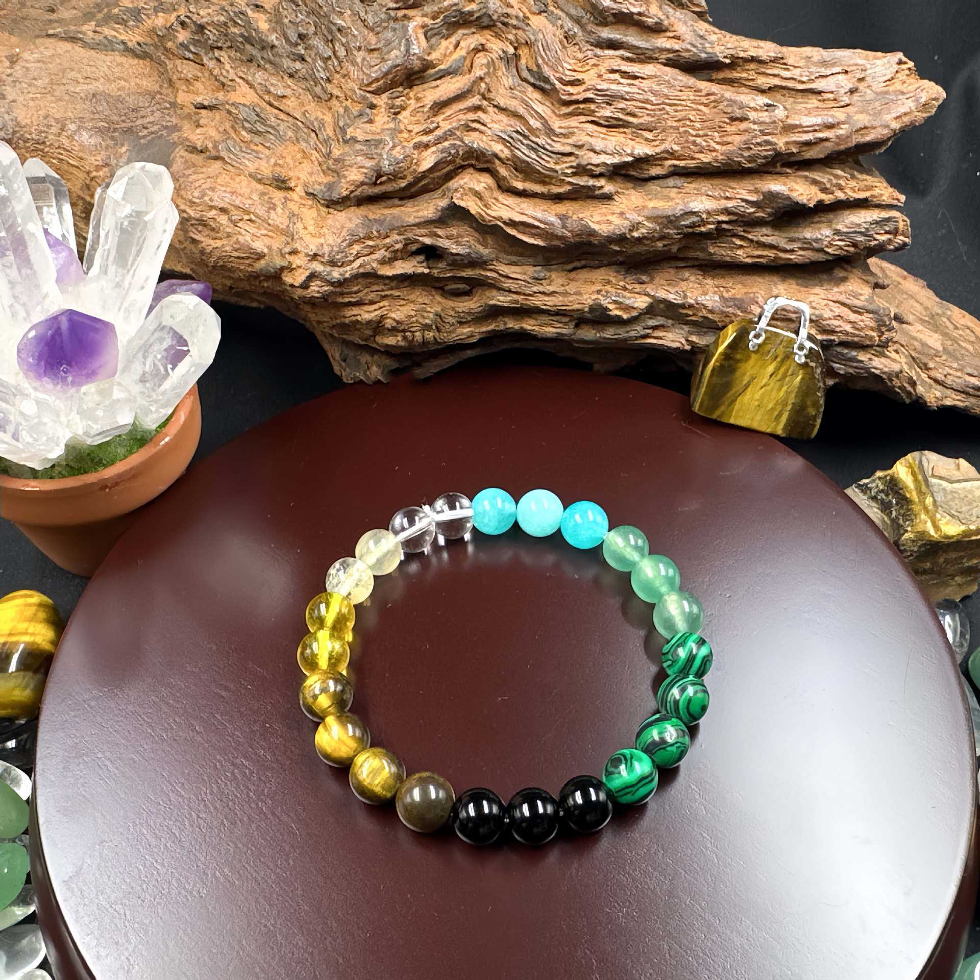 Natural Stone Bracelet: Tiger's Eye, Citrine, and Green Aventurine—Premium Beaded Wristlet
