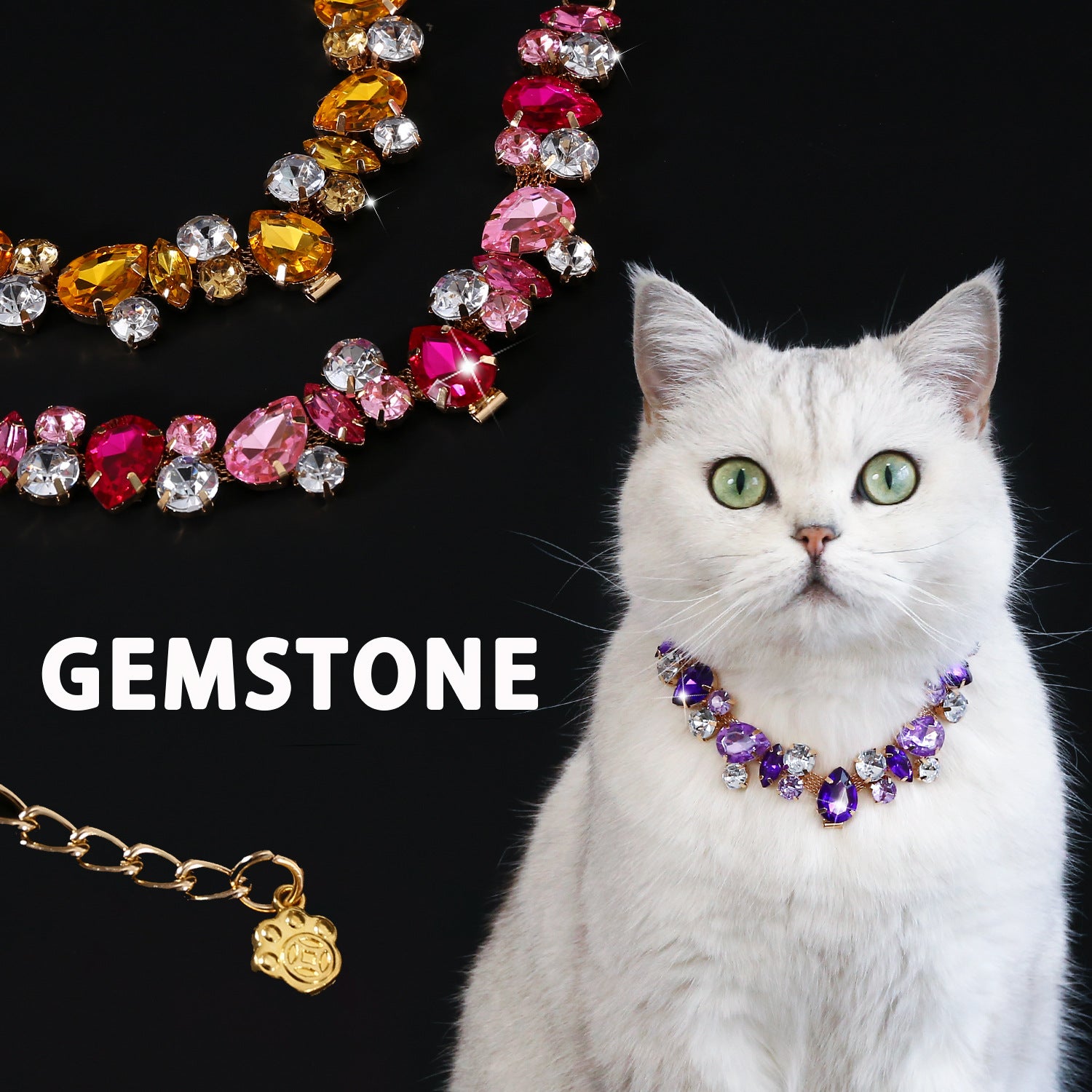 Pet gemstone crystal chain necklace for cats and dogs, luxurious full diamond princess teardrop metal wedding collar
