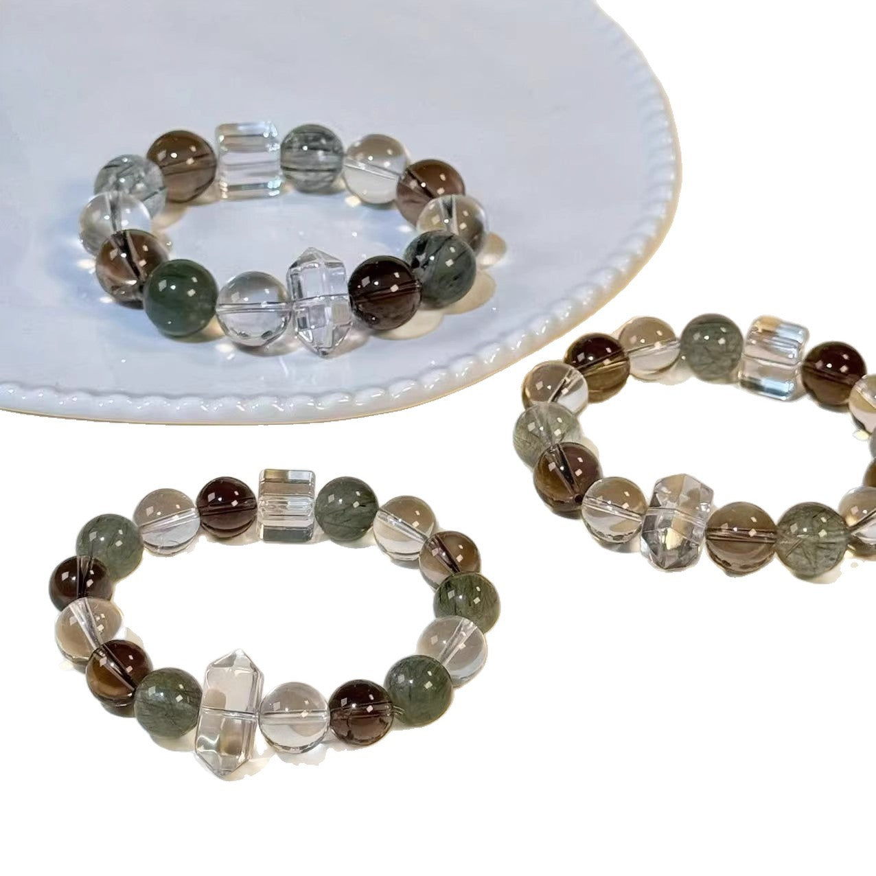Natural crystal bracelet green rutilated quartz smoky quartz white crystal simple design elegant and versatile attracting wealth and good fortune