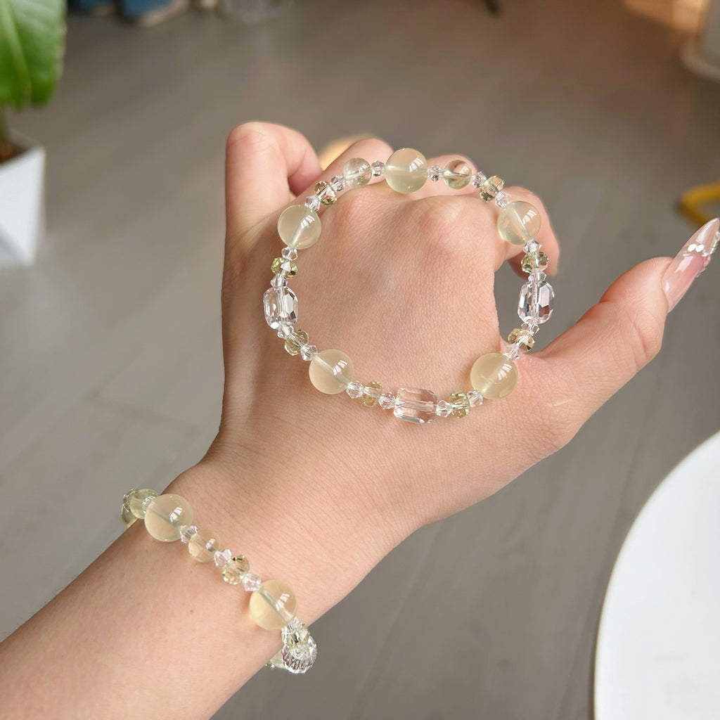 Natural citrine amethyst sugar cube bracelet paired with Swarovski rhinestone bracelet