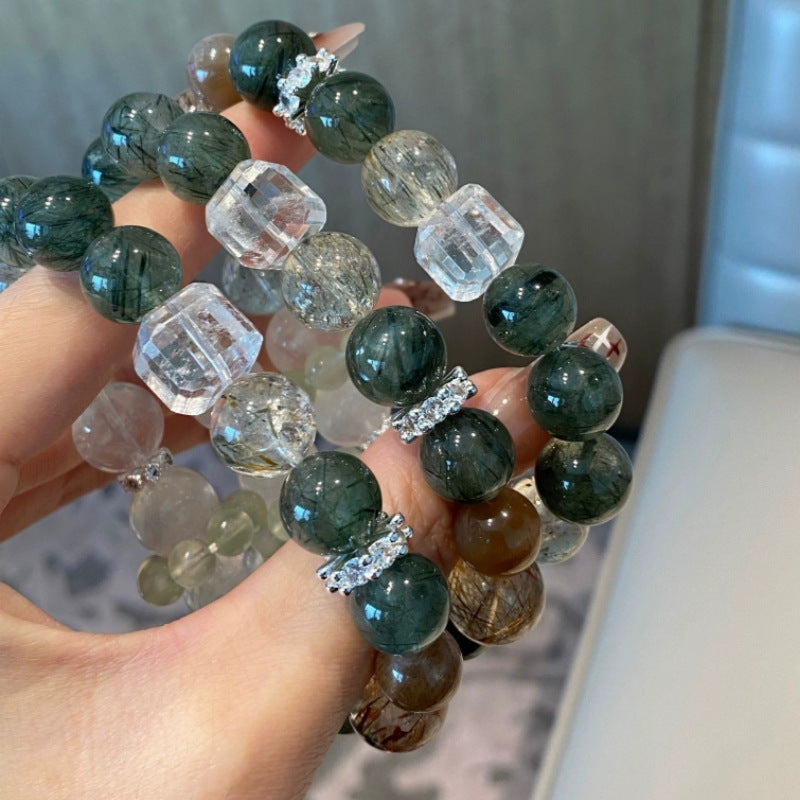Natural green rutilated quartz black gold super white phantom quartz white crystal sugar cube bracelet grape stone for attracting wealth and good fortune