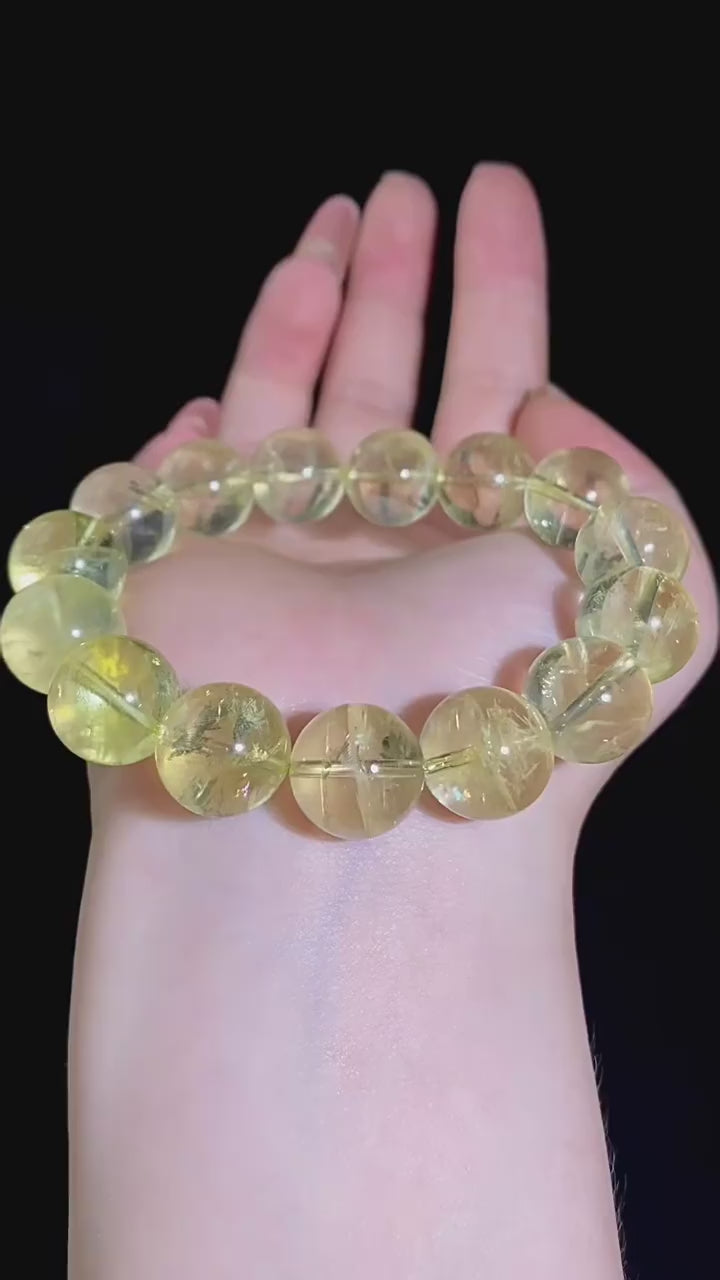 Natural Lemon-Yellow "Rainbow" Azez Round-Bead Bracelet — Icy, Translucent Pale Yellow Crystal Strand