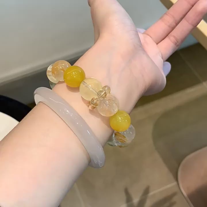 Natural crystal bracelet lemon quartz white crystal yellow resin freeform golden rutilated quartz running ring light luxury bracelet
